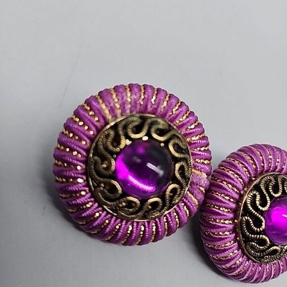 Vintage 60s Clip On Earrings Purple Gold - Picture 2 of 4